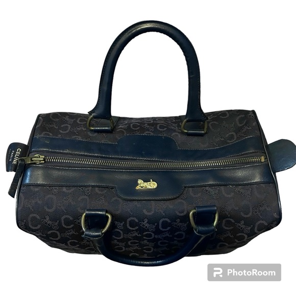 CELINE Authentic Vintage C Macadam Navy Blue Canvas Leather Trim Boston Bag Tote - Picture 4 of 17